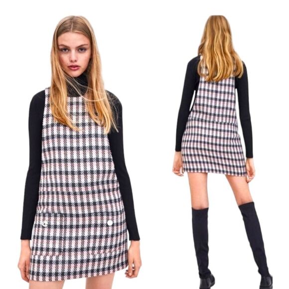 ZARA METALLIC PLAID TWEED OVERALL MINI DRESS FRONT POCKETS LIGHT ACADEMIA PREPPY - Picture 1 of 16